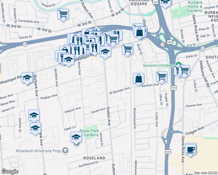 map of restaurants, bars, coffee shops, grocery stores, and more near 547 Goodman Avenue in Santa Rosa