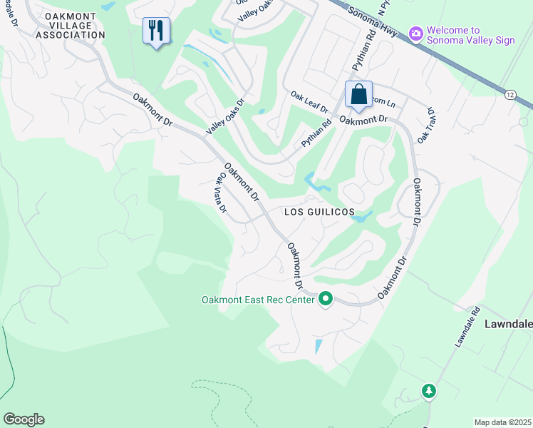 map of restaurants, bars, coffee shops, grocery stores, and more near 7403 Oakmont Drive in Santa Rosa