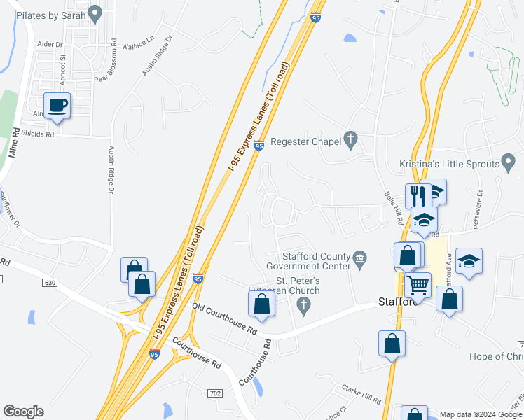 map of restaurants, bars, coffee shops, grocery stores, and more near Cummings Drive in Stafford