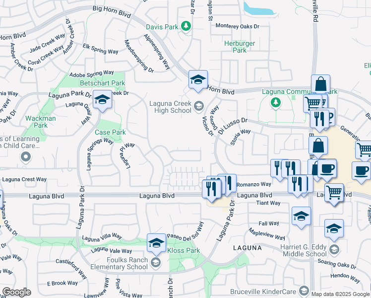 map of restaurants, bars, coffee shops, grocery stores, and more near 6329 Canyon Creek Way in Elk Grove