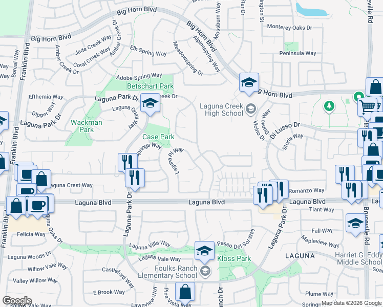 map of restaurants, bars, coffee shops, grocery stores, and more near 9073 Laguna Place Way in Elk Grove
