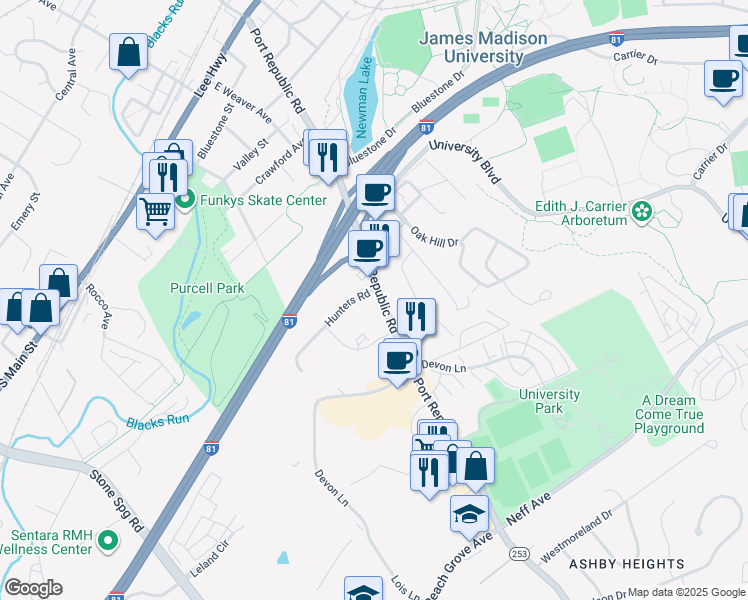 map of restaurants, bars, coffee shops, grocery stores, and more near 1330 Hunters Road in Harrisonburg
