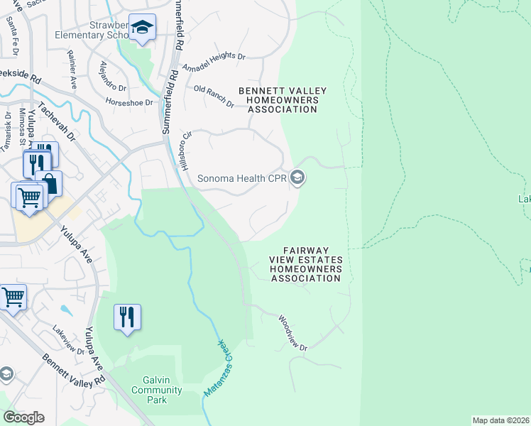 map of restaurants, bars, coffee shops, grocery stores, and more near 3548 Foxwood Place in Santa Rosa