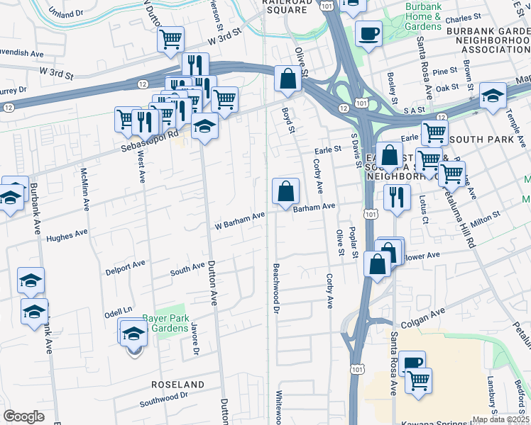 map of restaurants, bars, coffee shops, grocery stores, and more near 49 Barham Avenue in Santa Rosa