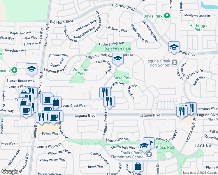 map of restaurants, bars, coffee shops, grocery stores, and more near 9037 Laguna Springs Way in Elk Grove