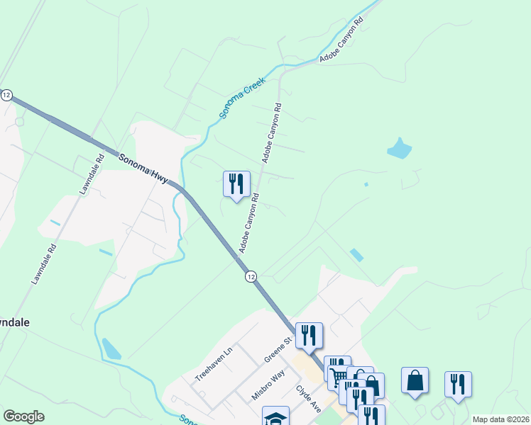 map of restaurants, bars, coffee shops, grocery stores, and more near 200 Adobe Canyon Road in Kenwood