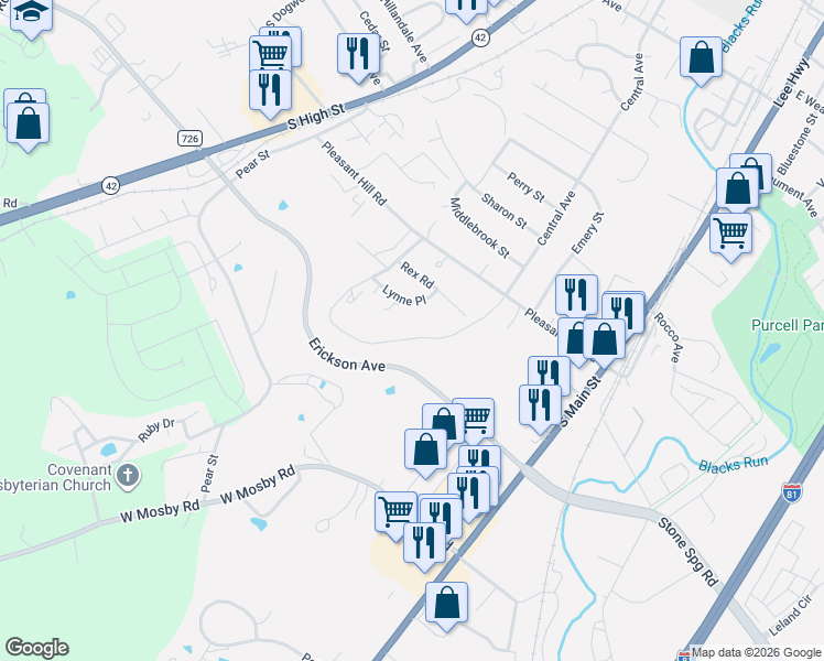 map of restaurants, bars, coffee shops, grocery stores, and more near 1910 Lynne Place in Harrisonburg