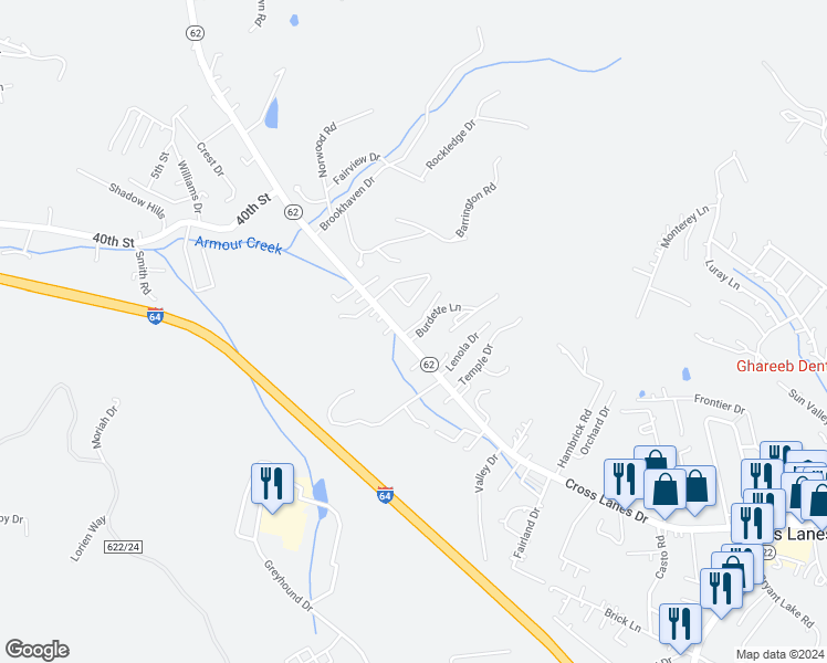map of restaurants, bars, coffee shops, grocery stores, and more near 103 Burdette Lane in Nitro