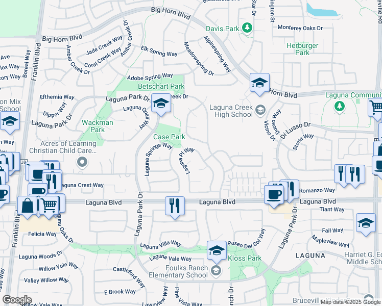 map of restaurants, bars, coffee shops, grocery stores, and more near 9050 Laguna Place Way in Elk Grove