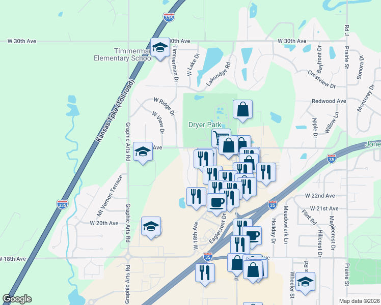 map of restaurants, bars, coffee shops, grocery stores, and more near 2935 West 24th Avenue in Emporia