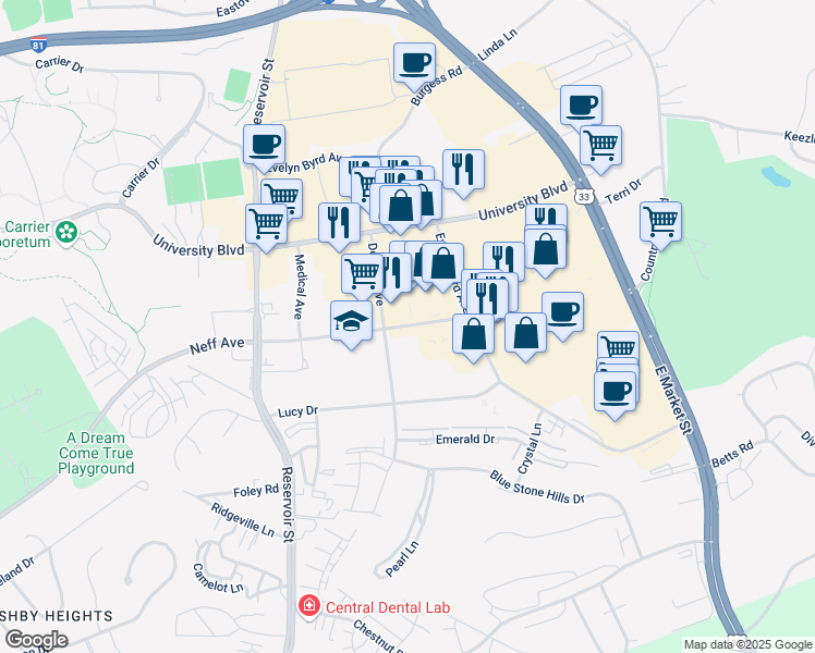 map of restaurants, bars, coffee shops, grocery stores, and more near 272 Neff Avenue in Harrisonburg