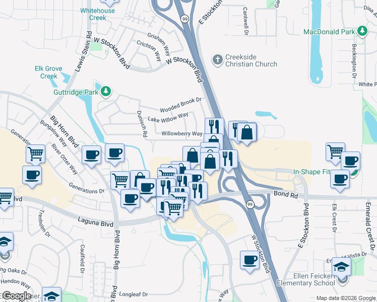 map of restaurants, bars, coffee shops, grocery stores, and more near 9130 West Stockton Boulevard in Elk Grove