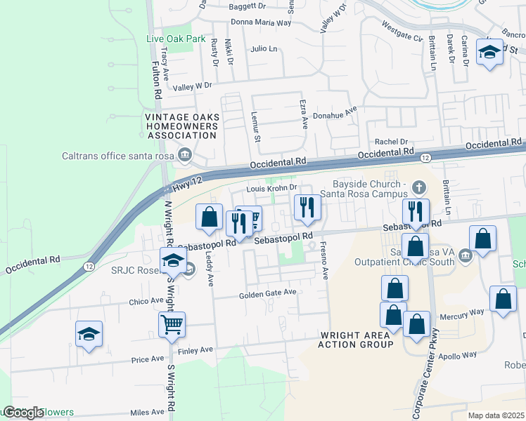 map of restaurants, bars, coffee shops, grocery stores, and more near 3965 Martina Avenue in Santa Rosa