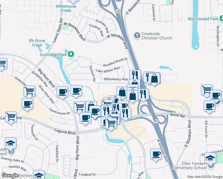 map of restaurants, bars, coffee shops, grocery stores, and more near 9140 West Stockton Boulevard in Elk Grove