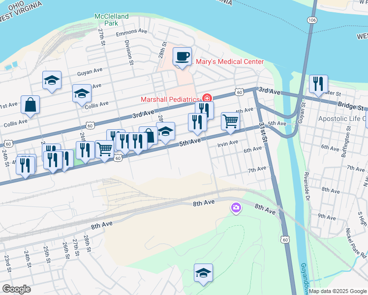 map of restaurants, bars, coffee shops, grocery stores, and more near 2800-2850 5th Avenue in Huntington