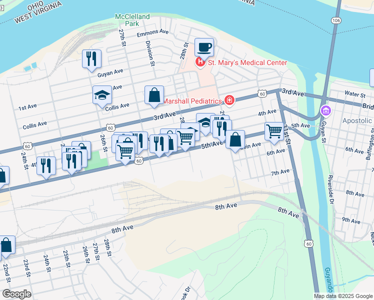 map of restaurants, bars, coffee shops, grocery stores, and more near Highway 60 in Huntington