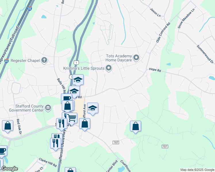 map of restaurants, bars, coffee shops, grocery stores, and more near 20 Somerset Lane in Stafford