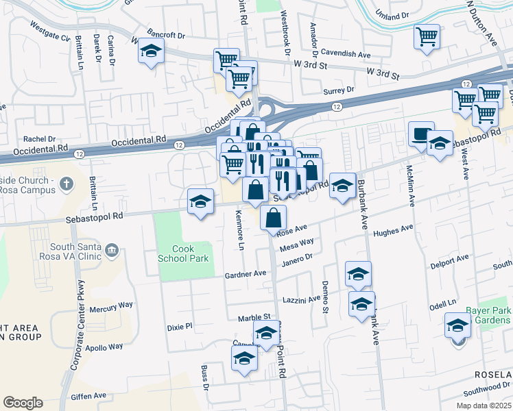 map of restaurants, bars, coffee shops, grocery stores, and more near 2000 Sebastopol Road in Santa Rosa