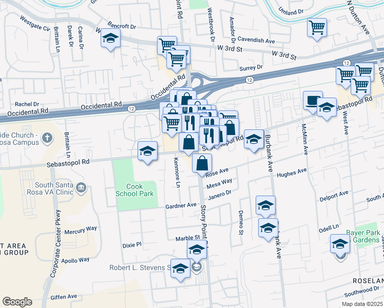 map of restaurants, bars, coffee shops, grocery stores, and more near 950 Sebastopol Road in Santa Rosa