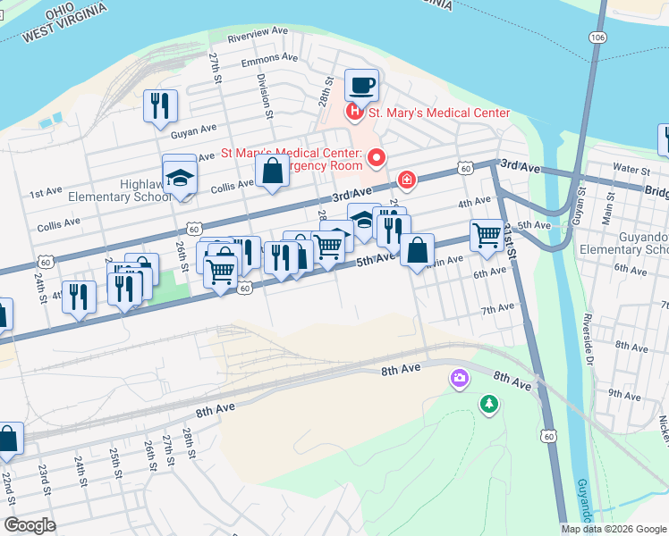 map of restaurants, bars, coffee shops, grocery stores, and more near 2800 5th Avenue in Huntington