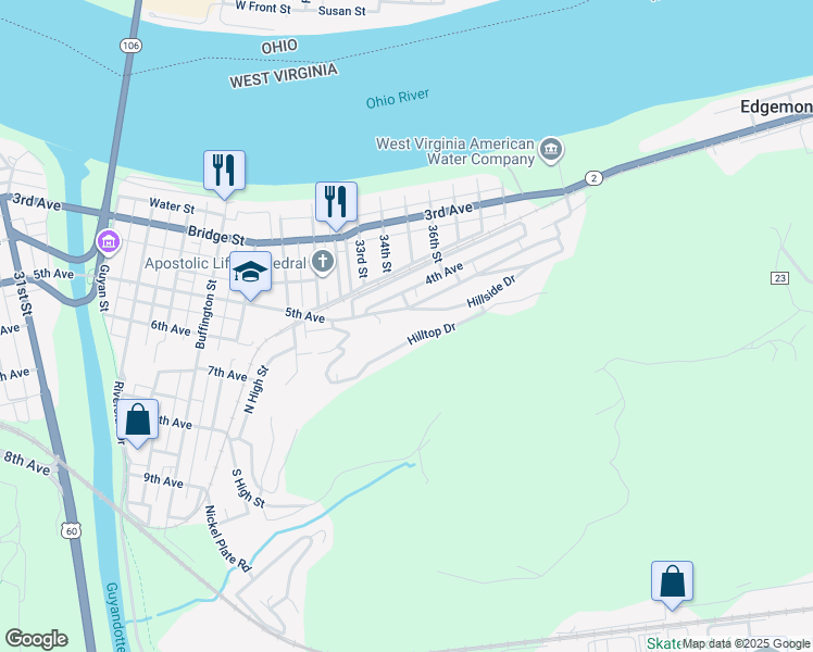 map of restaurants, bars, coffee shops, grocery stores, and more near 3407 5th Avenue in Huntington