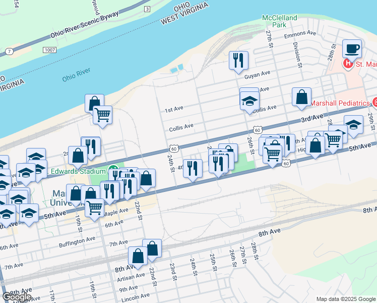map of restaurants, bars, coffee shops, grocery stores, and more near 2435 3rd Avenue in Huntington