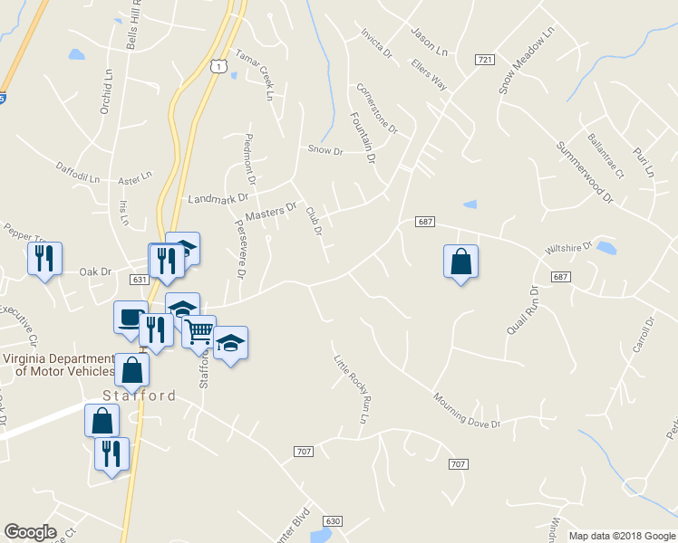 map of restaurants, bars, coffee shops, grocery stores, and more near 127 Hope Road in Stafford