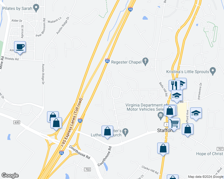 map of restaurants, bars, coffee shops, grocery stores, and more near 45 Davenport Drive in Stafford