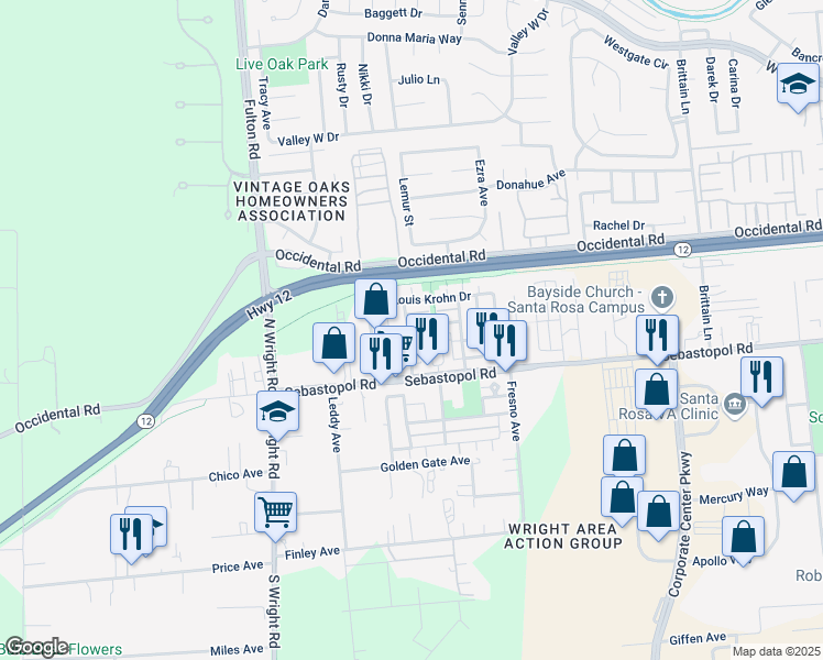 map of restaurants, bars, coffee shops, grocery stores, and more near 950 Campoy Street in Santa Rosa