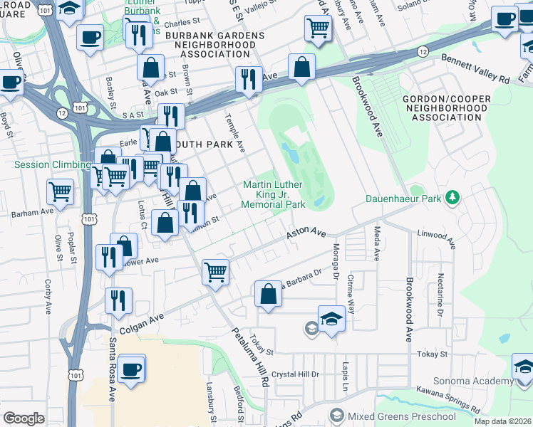 map of restaurants, bars, coffee shops, grocery stores, and more near 1341 Temple Avenue in Santa Rosa