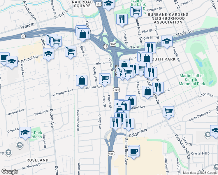 map of restaurants, bars, coffee shops, grocery stores, and more near 235 Barham Avenue in Santa Rosa