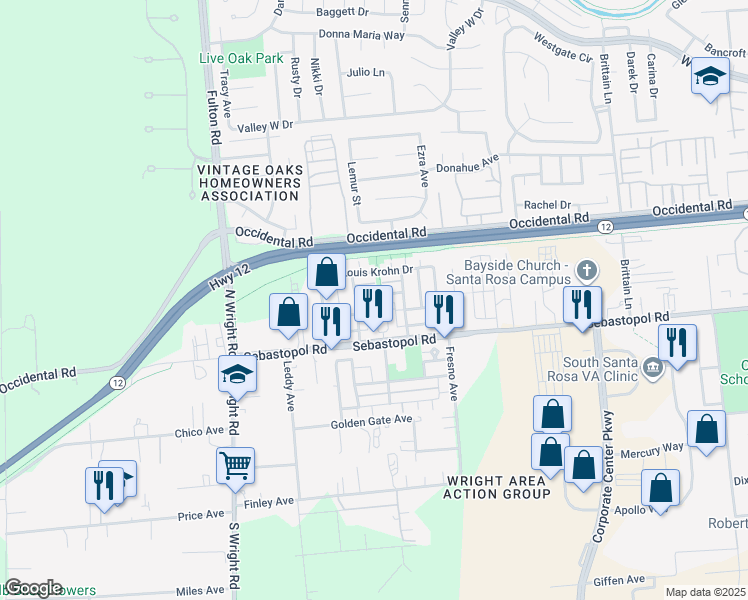 map of restaurants, bars, coffee shops, grocery stores, and more near 3965 Martina Avenue in Santa Rosa