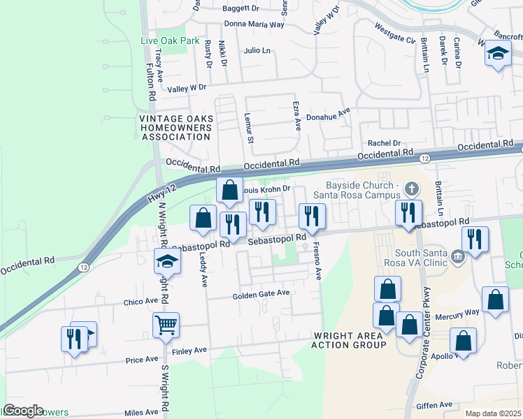 map of restaurants, bars, coffee shops, grocery stores, and more near 3965 Martina Avenue in Santa Rosa