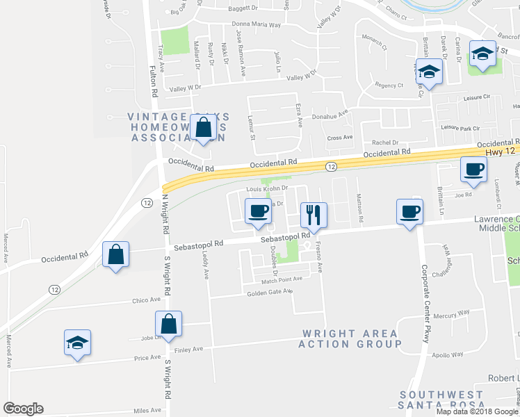 map of restaurants, bars, coffee shops, grocery stores, and more near 3965 Martina Avenue in Santa Rosa