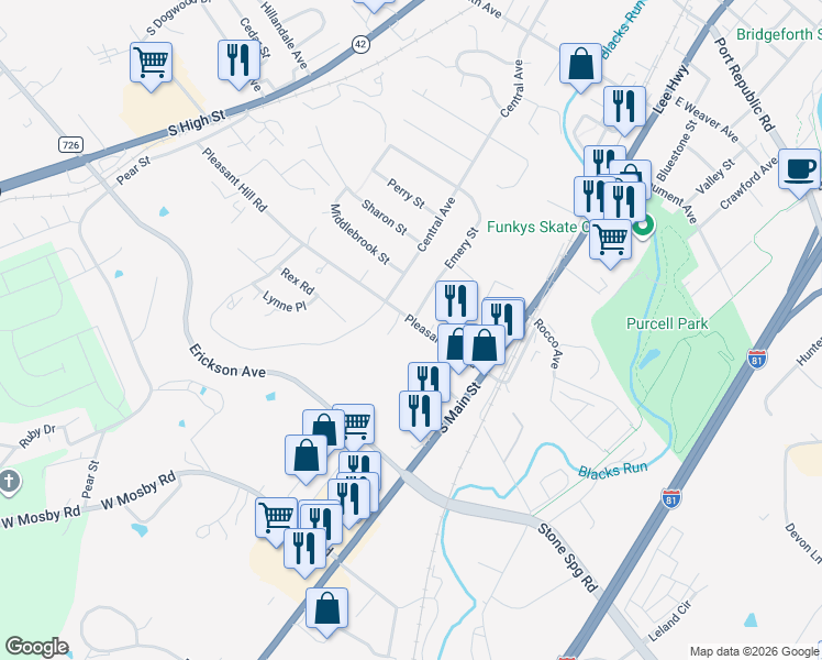 map of restaurants, bars, coffee shops, grocery stores, and more near 22 Emery St in Harrisonburg
