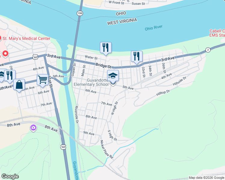 map of restaurants, bars, coffee shops, grocery stores, and more near in Huntington