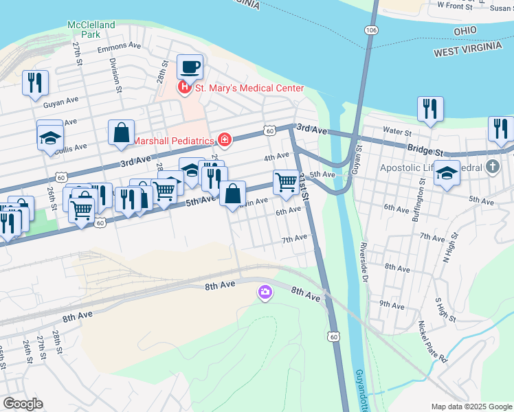 map of restaurants, bars, coffee shops, grocery stores, and more near 521 Baltimore Street in Huntington
