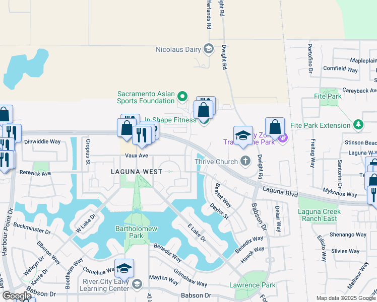 map of restaurants, bars, coffee shops, grocery stores, and more near 9105 Haussman Street in Elk Grove
