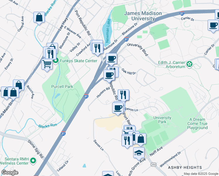 map of restaurants, bars, coffee shops, grocery stores, and more near 715 Port Republic Road in Harrisonburg