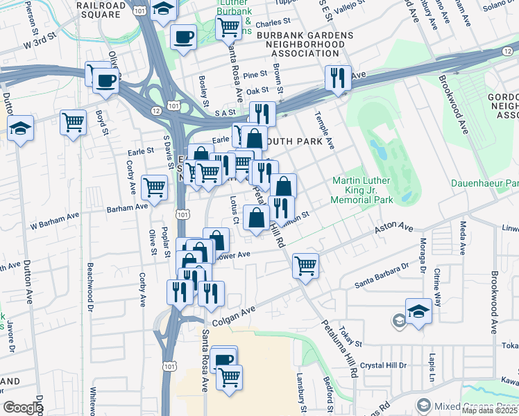 map of restaurants, bars, coffee shops, grocery stores, and more near 555 Petaluma Hill Road in Santa Rosa