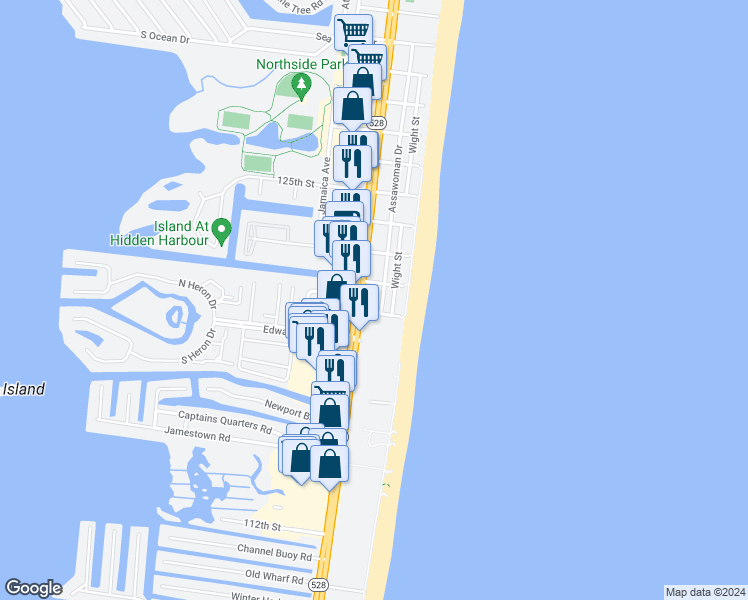 map of restaurants, bars, coffee shops, grocery stores, and more near 12101 Assawoman Drive in Ocean City