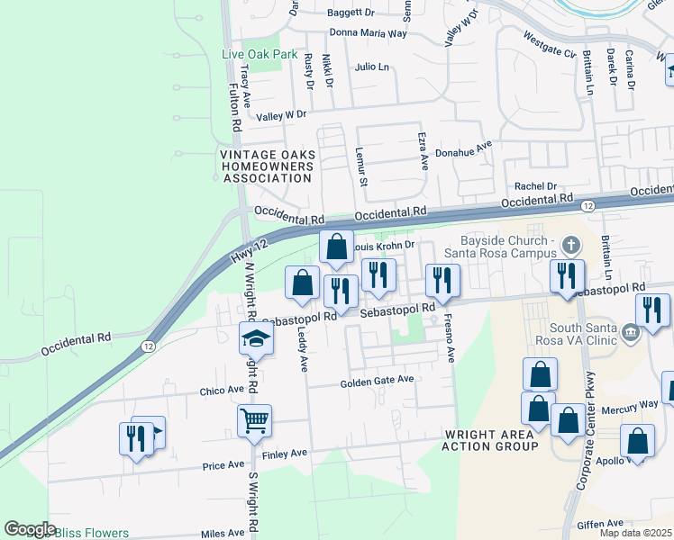 map of restaurants, bars, coffee shops, grocery stores, and more near 4028 Louis Krohn Drive in Santa Rosa