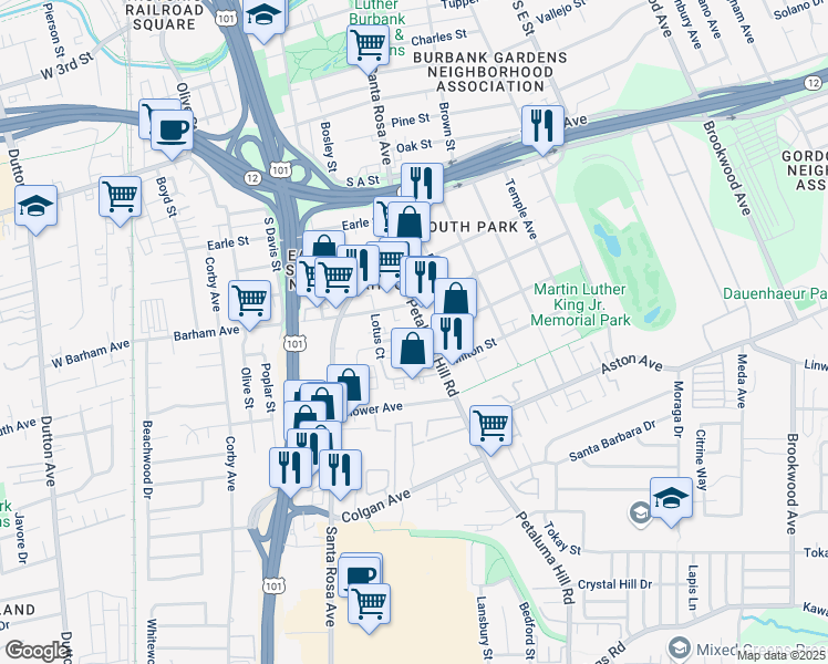 map of restaurants, bars, coffee shops, grocery stores, and more near 555 Petaluma Hill Road in Santa Rosa