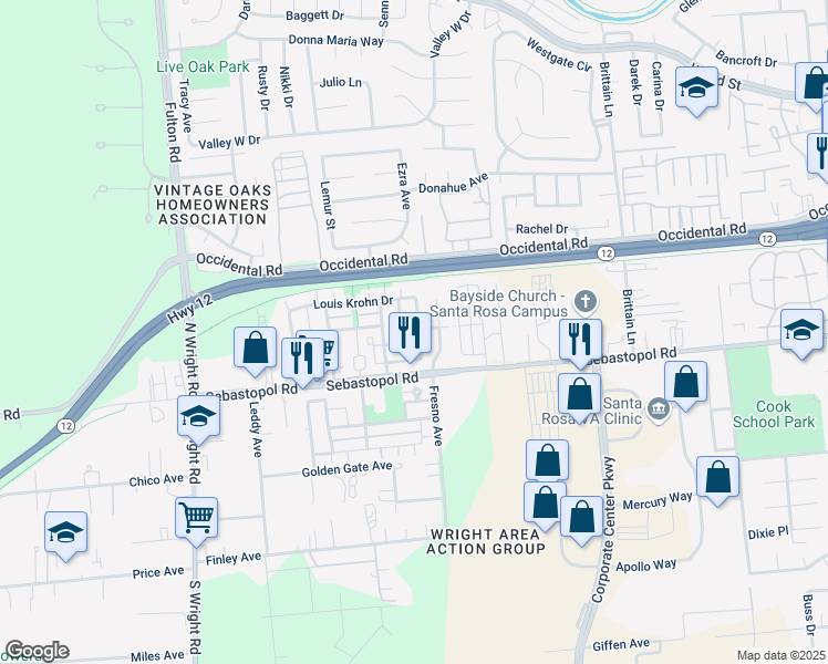 map of restaurants, bars, coffee shops, grocery stores, and more near 3844 Louis Krohn Drive in Santa Rosa