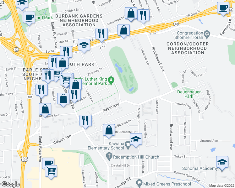 map of restaurants, bars, coffee shops, grocery stores, and more near 1403 Hendley Street in Santa Rosa