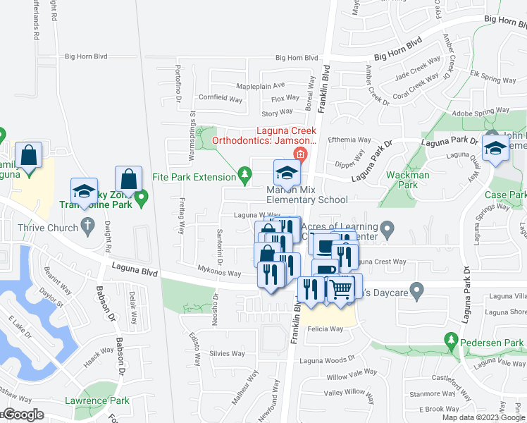 map of restaurants, bars, coffee shops, grocery stores, and more near 4709 Laguna West Way in Elk Grove