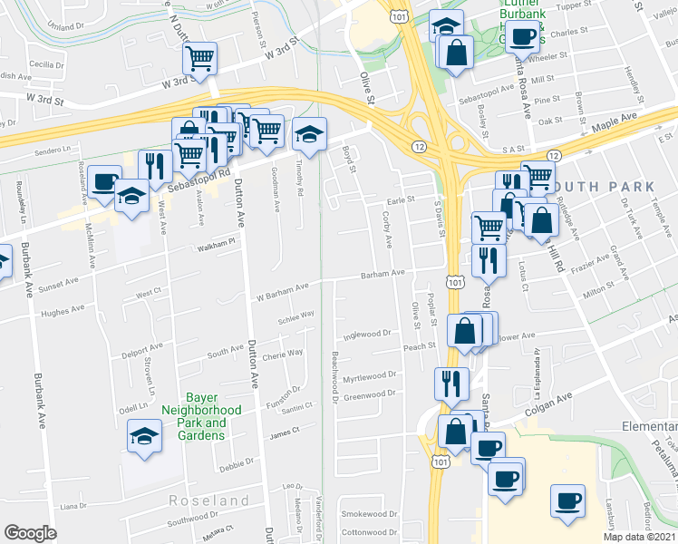 map of restaurants, bars, coffee shops, grocery stores, and more near 49 Barham Avenue in Santa Rosa