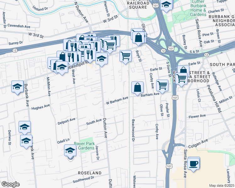 map of restaurants, bars, coffee shops, grocery stores, and more near 127 West Barham Avenue in Santa Rosa