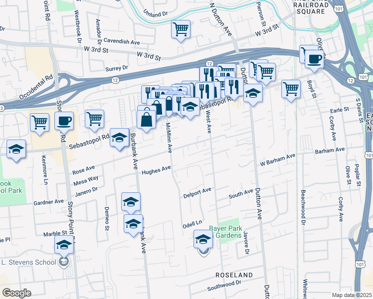 map of restaurants, bars, coffee shops, grocery stores, and more near 944 Sunset Avenue in Santa Rosa