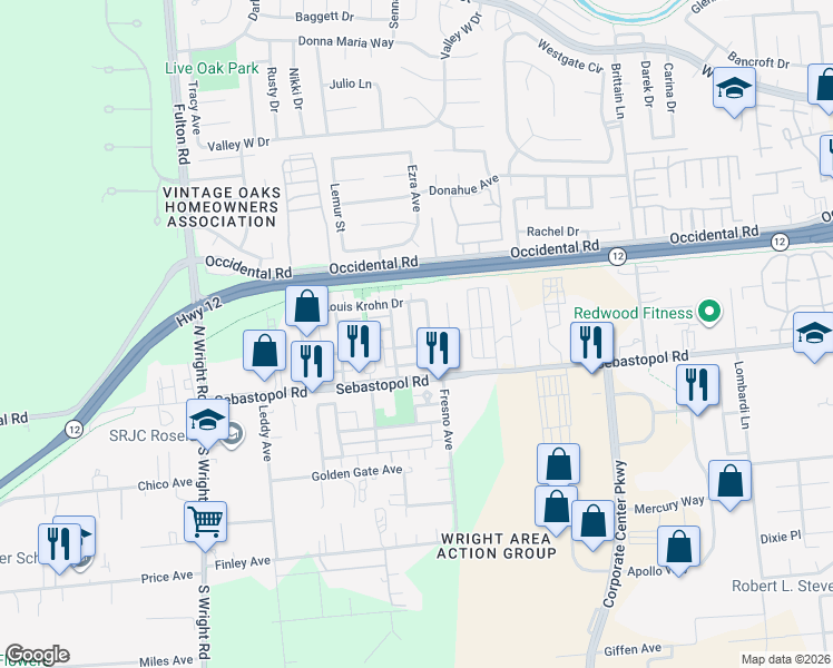 map of restaurants, bars, coffee shops, grocery stores, and more near 3847 Louis Krohn Drive in Santa Rosa